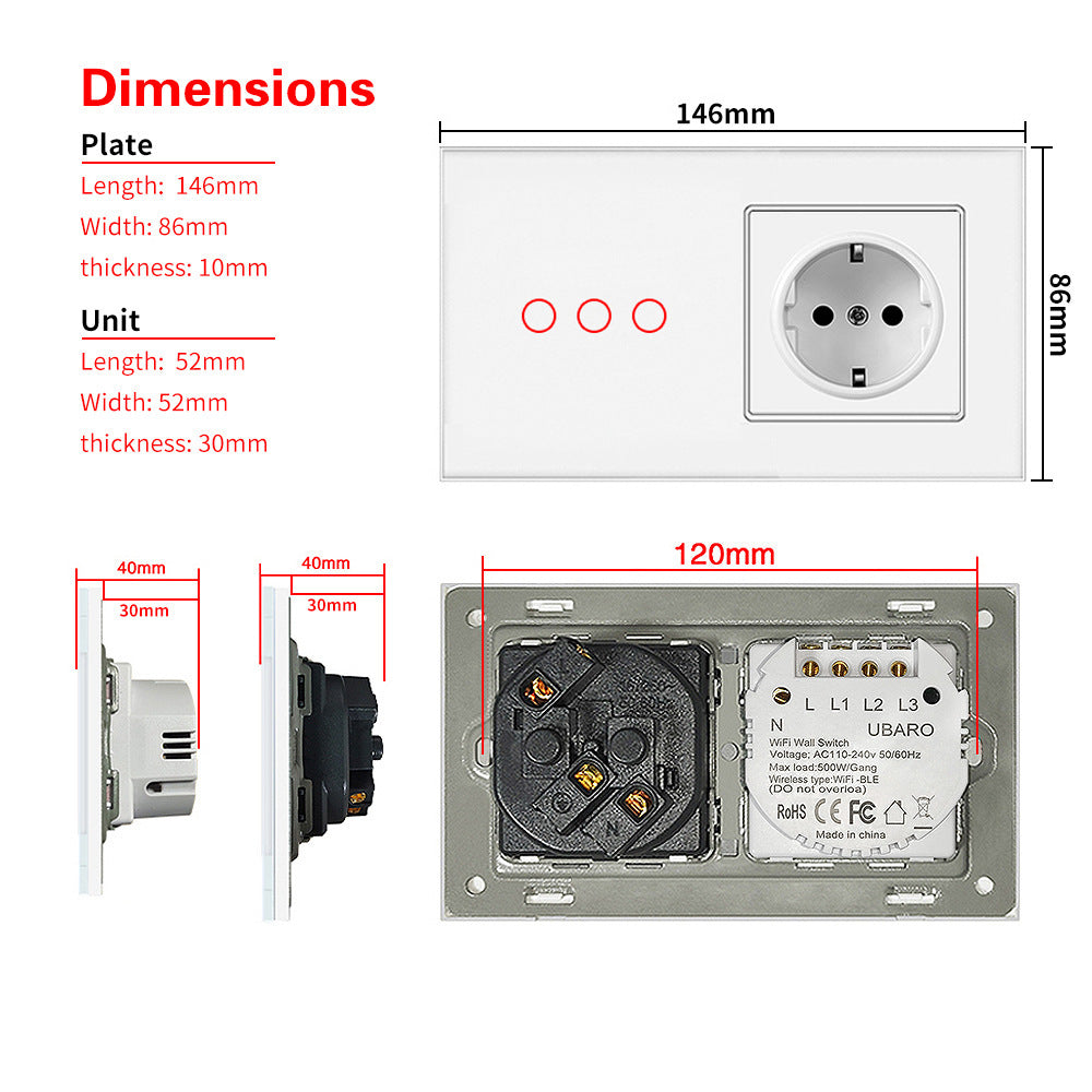European Standard 146 Touch Switch TYPEC Socket Black And White Tempered Glass Switch Panel