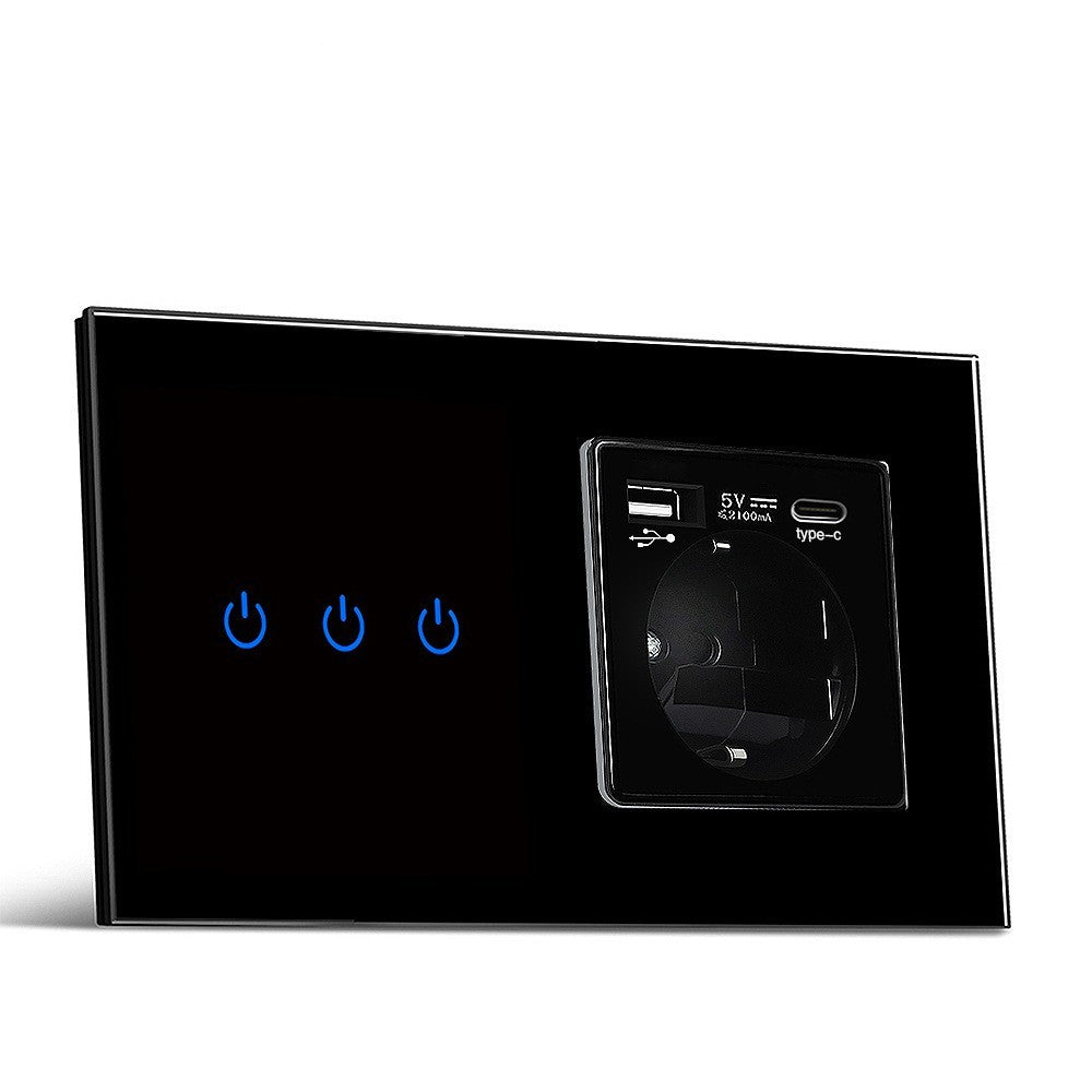 European Standard 146 Touch Switch TYPEC Socket Black And White Tempered Glass Switch Panel