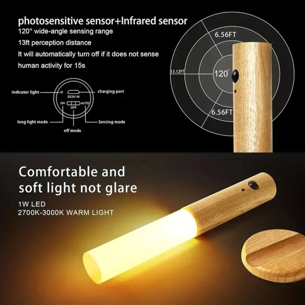 Wood Finish Sensor Light – Cozy, Cordless, Automatic Glow